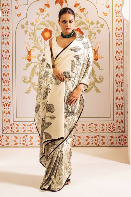 Buy Studio 113 White Silk, Satin Embroidery Kantha Mandala Print Saree With Blouse Buy_Studio 113_White Silk, Satin Embroidery Kantha Mandala Print Saree With Blouse