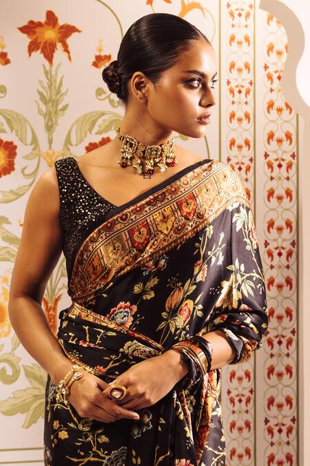 Studio 113 Black Silk, Satin Floral Chintz Print Saree Online at Aza Fashions Studio 113_Black Silk, Satin Floral Chintz Print Saree _Online_at_Aza_Fashions
