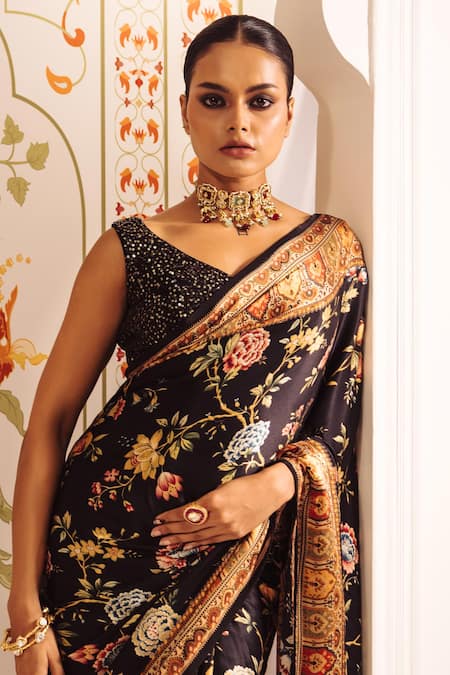 Shop Studio 113 Black Silk, Satin Floral Chintz Print Saree Online at Aza Fashions Shop_Studio 113_Black Silk, Satin Floral Chintz Print Saree _Online_at_Aza_Fashions