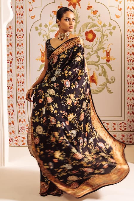 Studio 113 Black Silk, Satin Floral Chintz Print Saree at Aza Fashions Studio 113_Black Silk, Satin Floral Chintz Print Saree _at_Aza_Fashions
