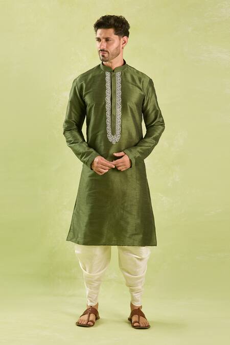 Buy_Arihant Rai Sinha_Green Silk Embroidery Paisley Kurta Set _Online_at_Aza_Fashions