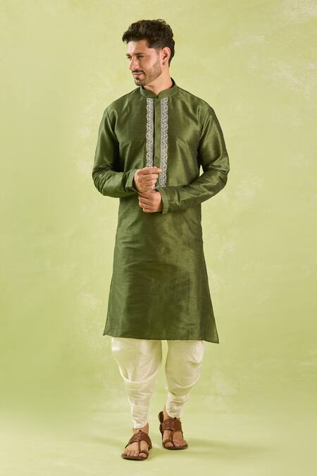 Shop_Arihant Rai Sinha_Green Silk Embroidery Paisley Kurta Set _Online_at_Aza_Fashions
