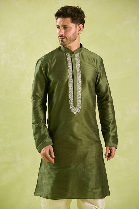 Arihant Rai Sinha_Green Silk Embroidery Paisley Kurta Set _at_Aza_Fashions
