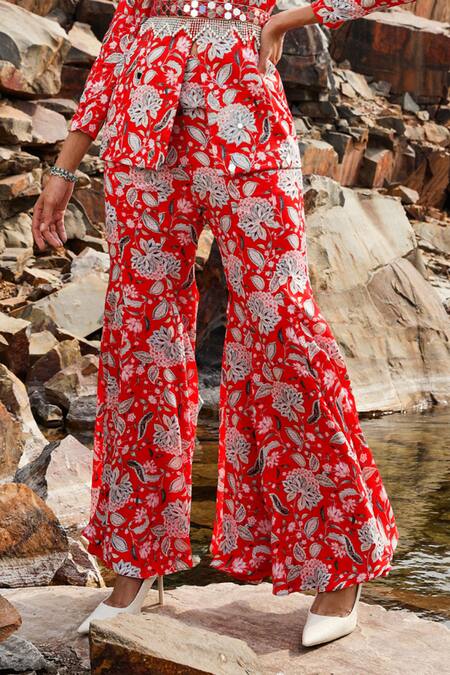 Label Moni K Red Satin Embroidery, Mirrors Collared Bloom Print Jacket And Sharara Set Online at Aza Fashions Label Moni K_Red Satin Embroidery, Mirrors Collared Bloom Print Jacket And Sharara Set _Online_at_Aza_Fashions