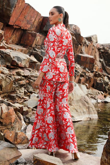 Shop Label Moni K Red Satin Embroidery, Mirrors Collared Bloom Print Jacket And Sharara Set at Aza Fashions Shop_Label Moni K_Red Satin Embroidery, Mirrors Collared Bloom Print Jacket And Sharara Set _at_Aza_Fashions