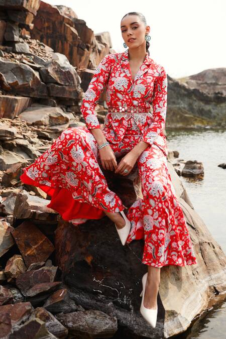 Buy Label Moni K Red Satin Embroidery, Mirrors Collared Bloom Print Jacket And Sharara Set Online at Aza Fashions Buy_Label Moni K_Red Satin Embroidery, Mirrors Collared Bloom Print Jacket And Sharara Set _Online_at_Aza_Fashions