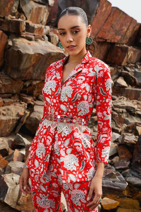 Shop Label Moni K Red Satin Embroidery, Mirrors Collared Bloom Print Jacket And Sharara Set Online at Aza Fashions Shop_Label Moni K_Red Satin Embroidery, Mirrors Collared Bloom Print Jacket And Sharara Set _Online_at_Aza_Fashions