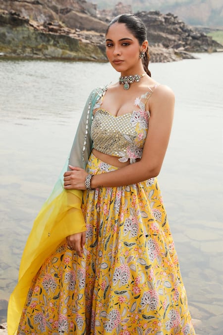 Buy Label Moni K Silver Organza, Satin Mirrors, Embroidery Sweetheart Blossom Print Lehenga Set Online at Aza Fashions Buy_Label Moni K_Silver Organza, Satin Mirrors, Embroidery Sweetheart Blossom Print Lehenga Set _Online_at_Aza_Fashions