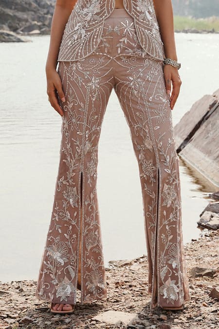 Buy Label Moni K Beige Organza Embroidery Floral Peplum Jacket And Pant Set Online at Aza Fashions Buy_Label Moni K_Beige Organza Embroidery Floral Peplum Jacket And Pant Set _Online_at_Aza_Fashions