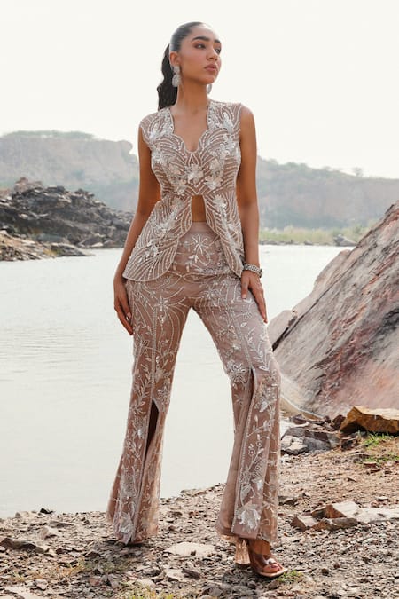 Label Moni K Floral Embroidered Peplum Jacket & Pant Set 