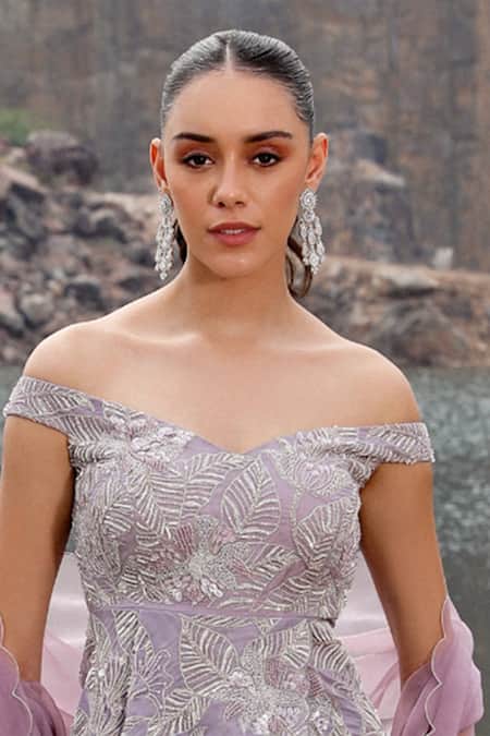 Label Moni K Purple Organza Diamonds Dori Bloom Embroidered Peplum Top And Sharara Set Online at Aza Fashions Label Moni K_Purple Organza Diamonds Dori Bloom Embroidered Peplum Top And Sharara Set _Online_at_Aza_Fashions