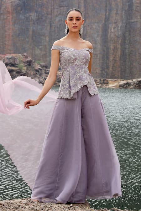 Shop Label Moni K Purple Organza Diamonds Dori Bloom Embroidered Peplum Top And Sharara Set Online at Aza Fashions Shop_Label Moni K_Purple Organza Diamonds Dori Bloom Embroidered Peplum Top And Sharara Set _Online_at_Aza_Fashions