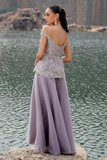 Shop Label Moni K Purple Organza Diamonds Dori Bloom Embroidered Peplum Top And Sharara Set at Aza Fashions Shop_Label Moni K_Purple Organza Diamonds Dori Bloom Embroidered Peplum Top And Sharara Set _at_Aza_Fashions
