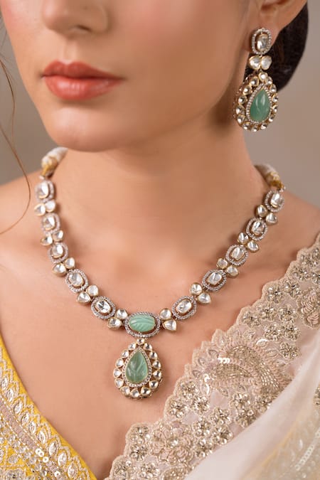 Anana Green Kundan Gul Stone Embellished Pendant Necklace Set 