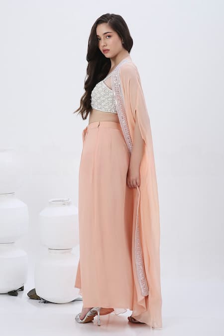 Shop_Neha Mehra_Silver Georgette, Modal Sequins Sweetheart Neck Embroidered Cape Skirt Set_at_Aza_Fashions