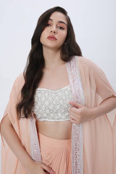 Neha Mehra_Silver Georgette, Modal Sequins Sweetheart Neck Embroidered Cape Skirt Set_Online_at_Aza_Fashions