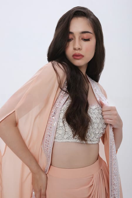 Buy_Neha Mehra_Silver Georgette, Modal Sequins Sweetheart Neck Embroidered Cape Skirt Set_Online_at_Aza_Fashions