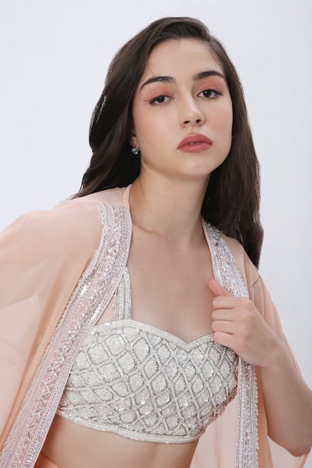 Shop_Neha Mehra_Silver Georgette, Modal Sequins Sweetheart Neck Embroidered Cape Skirt Set_Online_at_Aza_Fashions