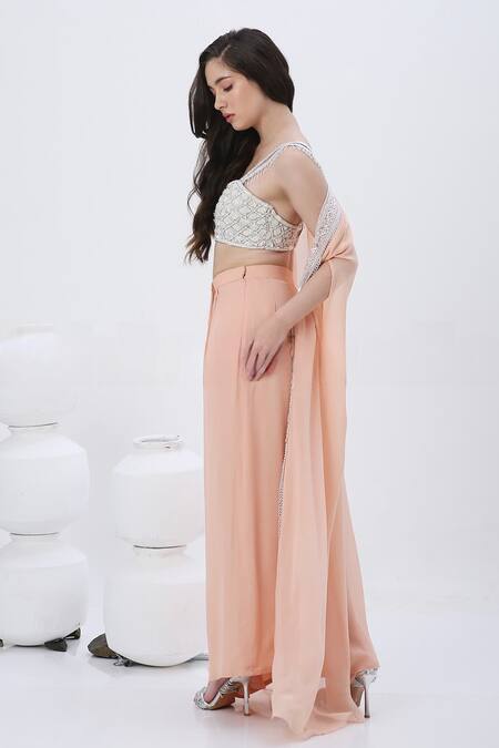 Neha Mehra_Silver Georgette, Modal Sequins Sweetheart Neck Embroidered Cape Skirt Set_at_Aza_Fashions