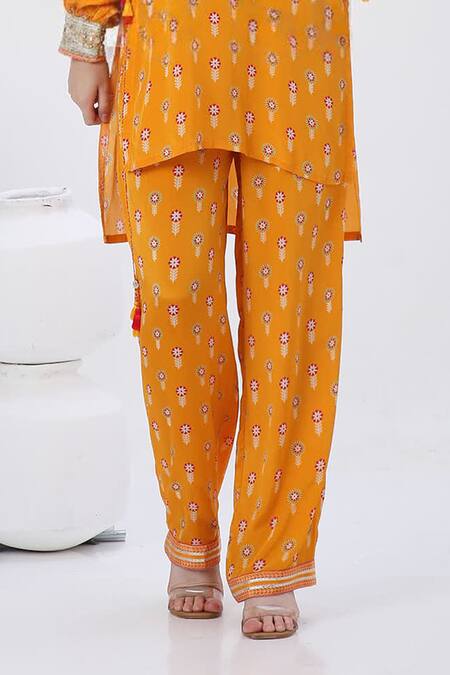 Shop_Neha Mehra_Orange Crepe Beads, Embroidery Round Neck Floral Kurta And Pant Set _Online_at_Aza_Fashions