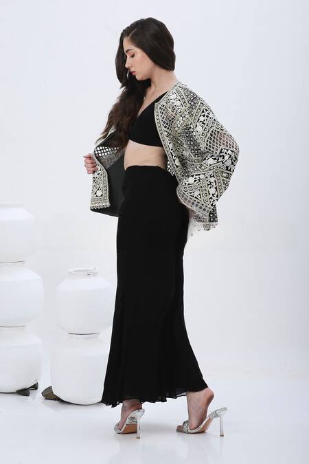 Neha Mehra Black Georgette, Net Beads, Embroidery V-, Open Resham Jacket Set Online at Aza Fashions Neha Mehra_Black Georgette, Net Beads, Embroidery V-, Open Resham Jacket Set _Online_at_Aza_Fashions