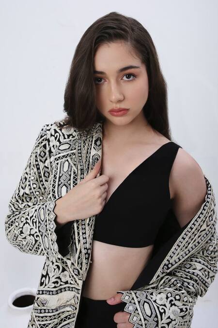 Buy Neha Mehra Black Georgette, Net Beads, Embroidery V-, Open Resham Jacket Set Online at Aza Fashions Buy_Neha Mehra_Black Georgette, Net Beads, Embroidery V-, Open Resham Jacket Set _Online_at_Aza_Fashions