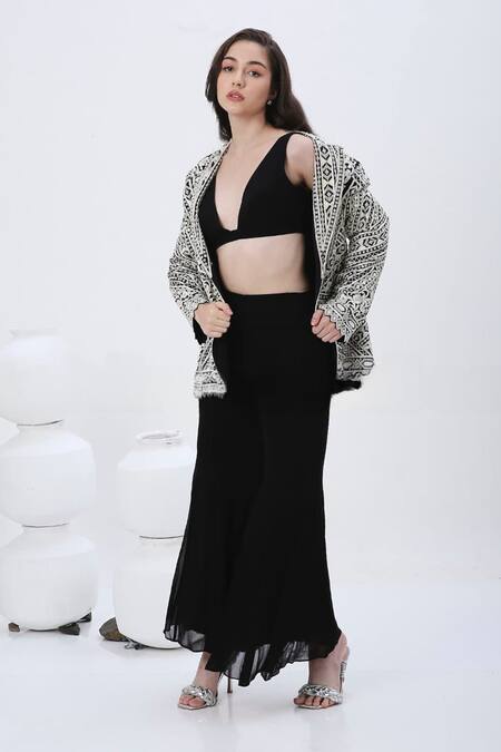 Shop Neha Mehra Black Georgette, Net Beads, Embroidery V-, Open Resham Jacket Set Online at Aza Fashions Shop_Neha Mehra_Black Georgette, Net Beads, Embroidery V-, Open Resham Jacket Set _Online_at_Aza_Fashions