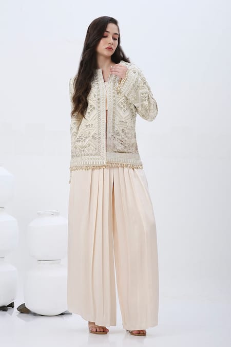 Neha Mehra_Off White Crepe, Modal, Satin Beads, Sequins, Embroidery Open Jacket And Pant Set _Online_at_Aza_Fashions
