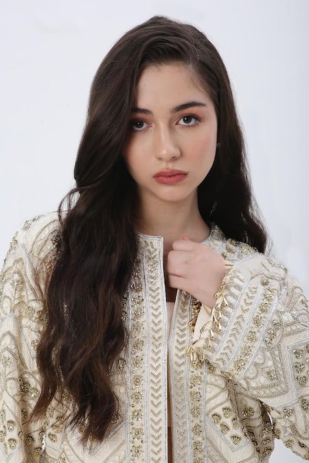 Buy_Neha Mehra_Off White Crepe, Modal, Satin Beads, Sequins, Embroidery Open Jacket And Pant Set _Online_at_Aza_Fashions