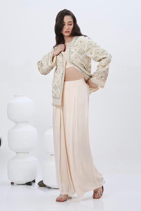 Shop_Neha Mehra_Off White Crepe, Modal, Satin Beads, Sequins, Embroidery Open Jacket And Pant Set _Online_at_Aza_Fashions
