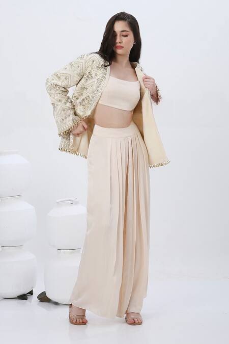Neha Mehra_Off White Crepe, Modal, Satin Beads, Sequins, Embroidery Open Jacket And Pant Set _at_Aza_Fashions