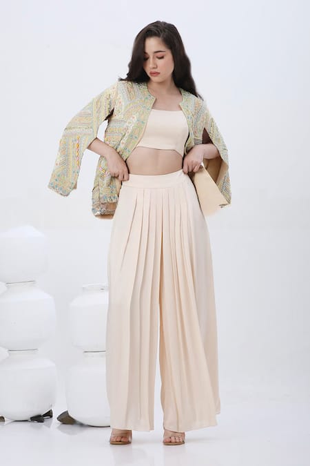 Neha Mehra Off White Crepe, Modal Sequins, Mirrors, Beads Embroidered Cape Sharara Set Online at Aza Fashions Neha Mehra_Off White Crepe, Modal Sequins, Mirrors, Beads Embroidered Cape Sharara Set _Online_at_Aza_Fashions