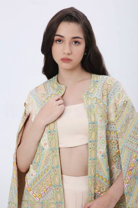 Buy Neha Mehra Off White Crepe, Modal Sequins, Mirrors, Beads Embroidered Cape Sharara Set Online at Aza Fashions Buy_Neha Mehra_Off White Crepe, Modal Sequins, Mirrors, Beads Embroidered Cape Sharara Set _Online_at_Aza_Fashions