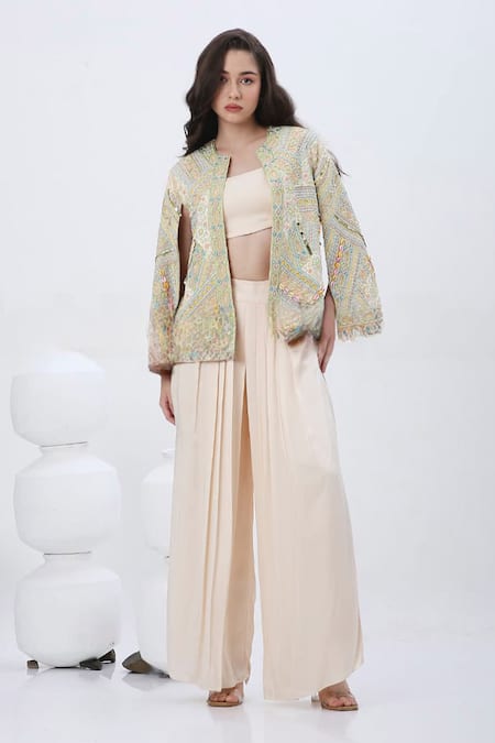 Shop Neha Mehra Off White Crepe, Modal Sequins, Mirrors, Beads Embroidered Cape Sharara Set Online at Aza Fashions Shop_Neha Mehra_Off White Crepe, Modal Sequins, Mirrors, Beads Embroidered Cape Sharara Set _Online_at_Aza_Fashions