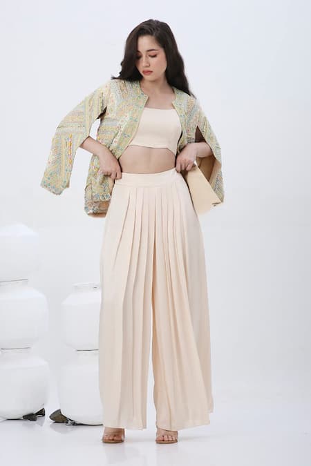 Neha Mehra Off White Crepe, Modal Sequins, Mirrors, Beads Embroidered Cape Sharara Set at Aza Fashions Neha Mehra_Off White Crepe, Modal Sequins, Mirrors, Beads Embroidered Cape Sharara Set _at_Aza_Fashions