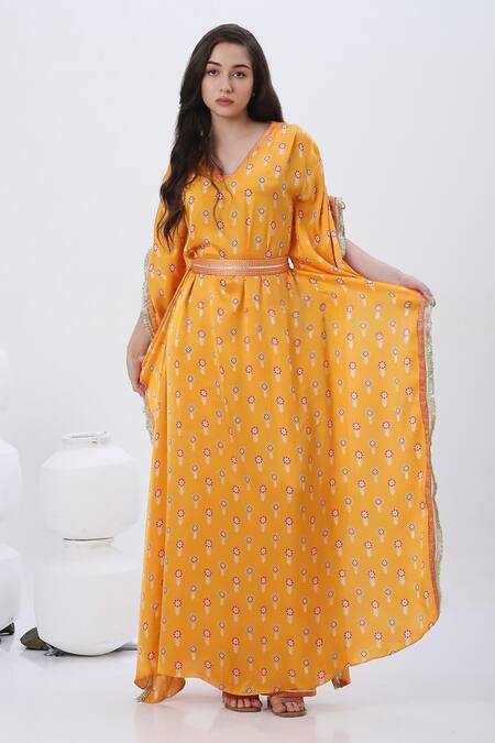 Neha Mehra_Orange Modal Embroidery V-neck Floral Print Saffron Kaftan _Online_at_Aza_Fashions