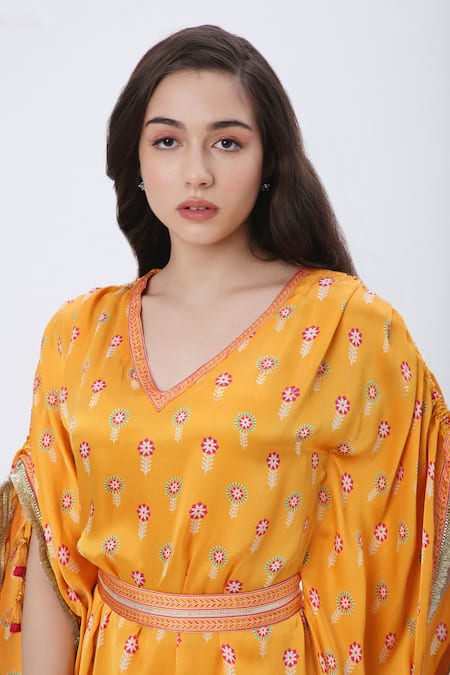 Buy_Neha Mehra_Orange Modal Embroidery V-neck Floral Print Saffron Kaftan _Online_at_Aza_Fashions