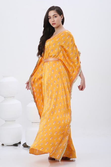 Shop_Neha Mehra_Orange Modal Embroidery V-neck Floral Print Saffron Kaftan _Online_at_Aza_Fashions