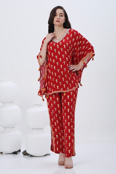 Buy_Neha Mehra_Red Crepe Tassels V-neck Floral Embroidered Kaftan And Pant Set _Online_at_Aza_Fashions