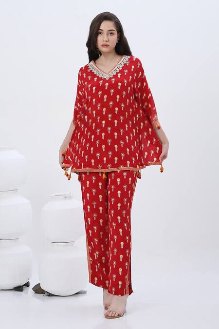 Shop_Neha Mehra_Red Crepe Tassels V-neck Floral Embroidered Kaftan And Pant Set _Online_at_Aza_Fashions