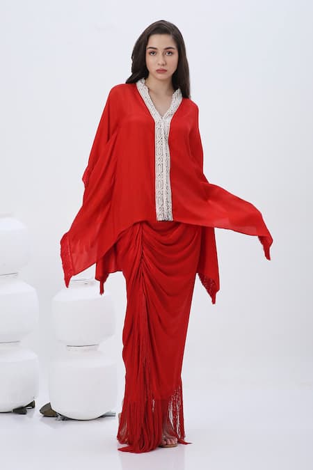 Neha Mehra_Red Modal, Satin Beads V-neck Embroidered Kaftan And Skirt Set _Online_at_Aza_Fashions