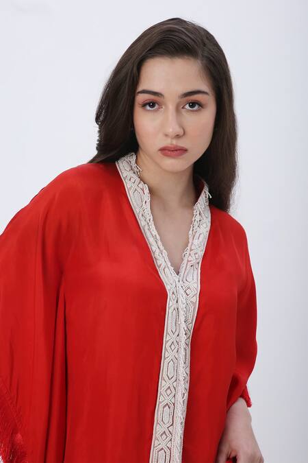 Buy_Neha Mehra_Red Modal, Satin Beads V-neck Embroidered Kaftan And Skirt Set _Online_at_Aza_Fashions