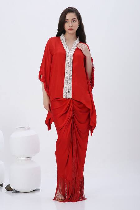 Shop_Neha Mehra_Red Modal, Satin Beads V-neck Embroidered Kaftan And Skirt Set _Online_at_Aza_Fashions