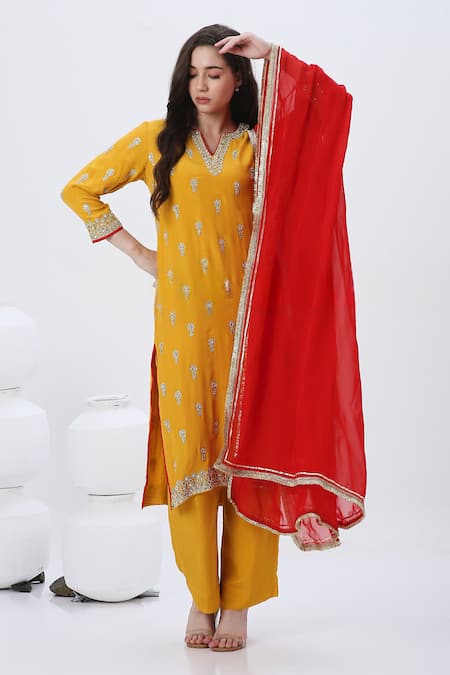 Buy Neha Mehra Yellow Crepe Embroidery Split V-neck Floral Hand Kurta Pant Set Online at Aza Fashions Buy_Neha Mehra_Yellow Crepe Embroidery Split V-neck Floral Hand Kurta Pant Set _Online_at_Aza_Fashions