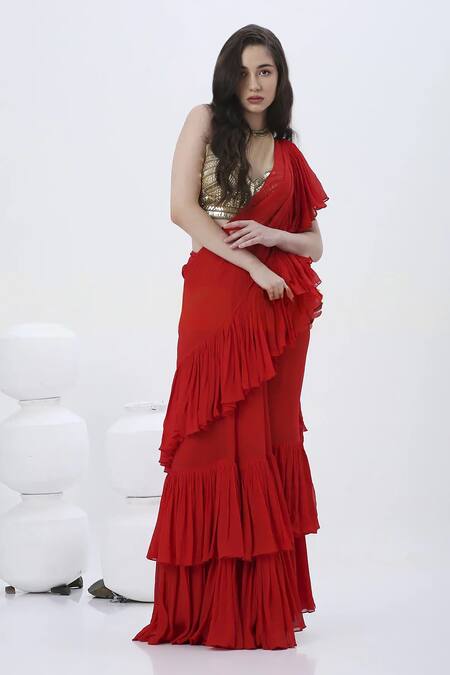 Neha Mehra_Gold Net, Georgette Sequins, Embroidery Red Ruffled Pre-draped Saree With Blouse _Online_at_Aza_Fashions