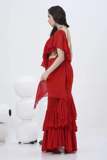 Neha Mehra Red Ruffled Pre-Draped Saree With Blouse 