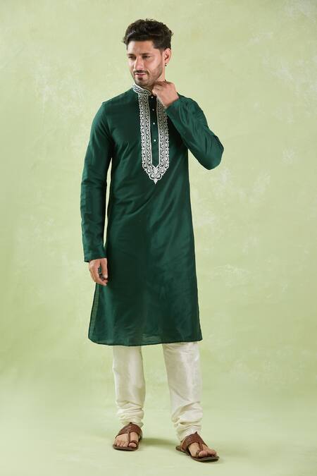 Buy_Arihant Rai Sinha_Green Silk Embroidery Dark Straight Kurta Set 