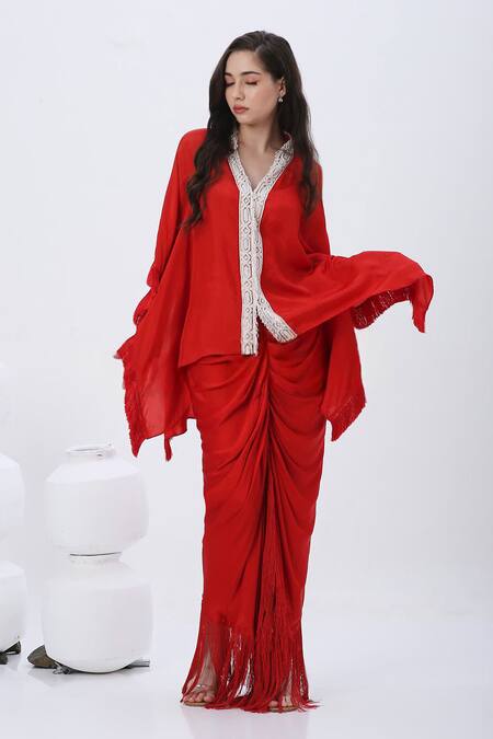 Neha Mehra_Red Modal, Satin Beads V-neck Embroidered Kaftan And Skirt Set _at_Aza_Fashions