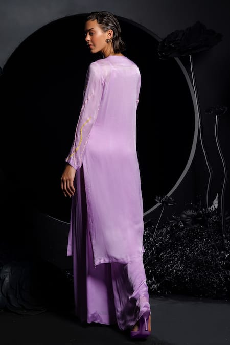 Shop Nautanky Purple Satin, Chiffon Sequins, Beads V-neck Lilac Embroidered Kurta Set at Aza Fashions Shop_Nautanky_Purple Satin, Chiffon Sequins, Beads V-neck Lilac Embroidered Kurta Set _at_Aza_Fashions
