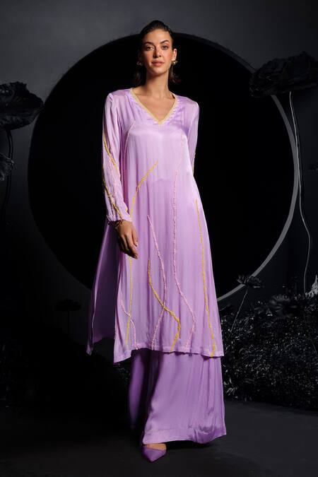 Nautanky Purple Satin, Chiffon Sequins, Beads V-neck Lilac Embroidered Kurta Set Online at Aza Fashions Nautanky_Purple Satin, Chiffon Sequins, Beads V-neck Lilac Embroidered Kurta Set _Online_at_Aza_Fashions